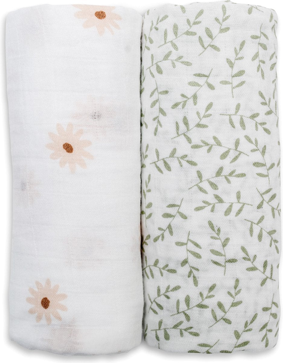 Lulujo - tissu hydrophile - emmaillotage - coton - 100x100 cm - paquet de 2 - marguerites verdure