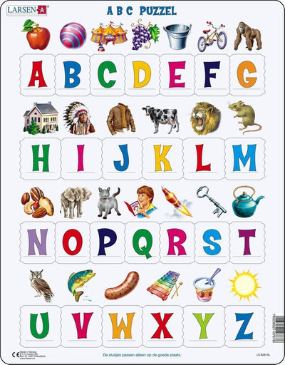 Larsen ABC avec images – puzzle – apprendre à lire – alphabet – puzzle éducatif pour enfants – 26 pièces – fabriqué en Norvège – pièces extra épaisses de 2,5 mm – plateau avec bord fixe