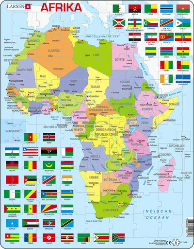 Larsen Afrique avec drapeaux – puzzle – cartes géographie – drapeaux Afrique – puzzle éducatif pour enfants – 70 pièces – fabriqué en Norvège – pièces extra épaisses de 2,5 mm – plateau avec bord fixe
