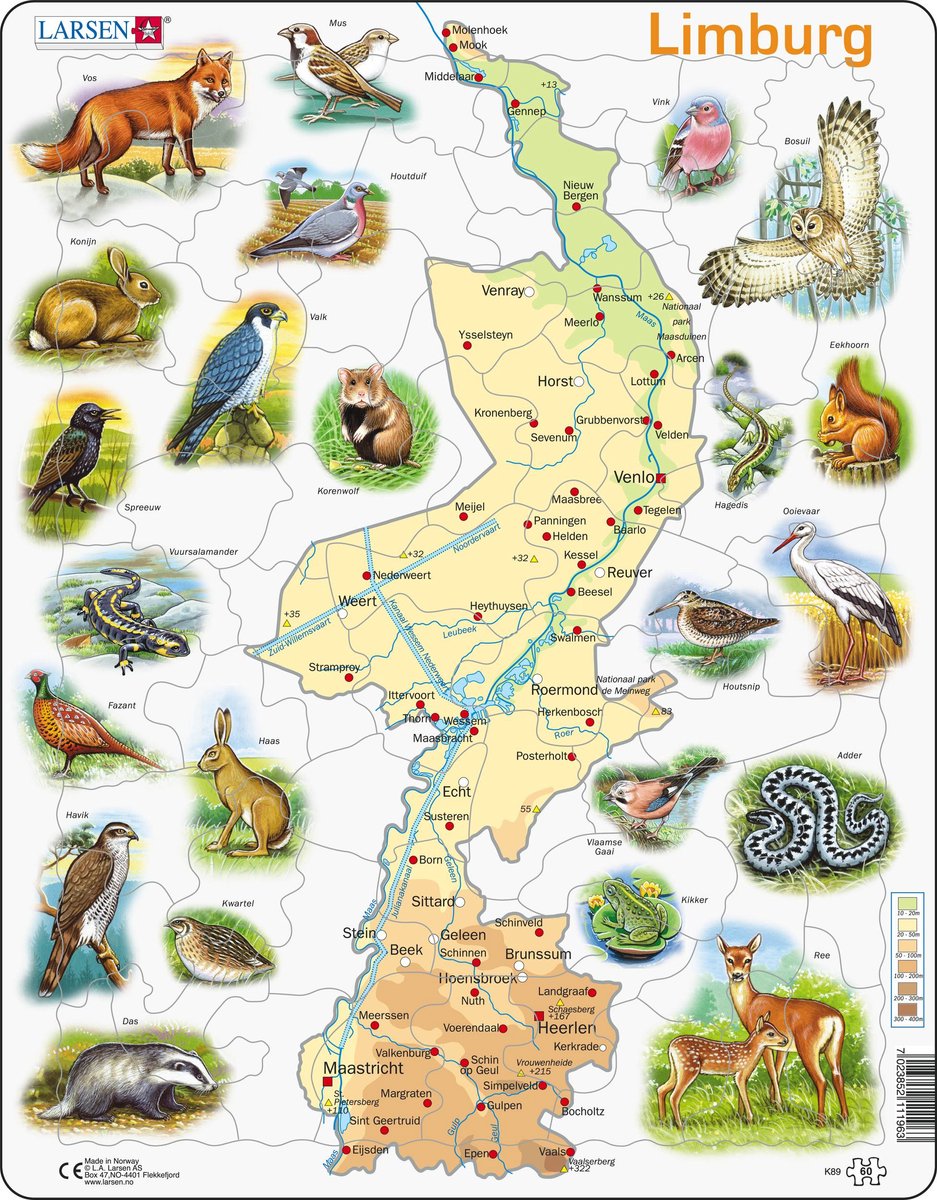 Larsen Limburg avec animaux – puzzle – cartes géographiques – Pays-Bas – puzzle éducatif pour enfants – 60 pièces – fabriqué en Norvège – pièces extra épaisses de 2,5 mm – plateau avec bord fixe