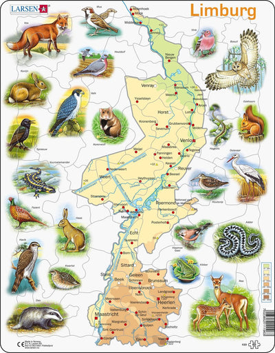 Larsen Limburg avec animaux – puzzle – cartes géographiques – Pays-Bas – puzzle éducatif pour enfants – 60 pièces – fabriqué en Norvège – pièces extra épaisses de 2,5 mm – plateau avec bord fixe