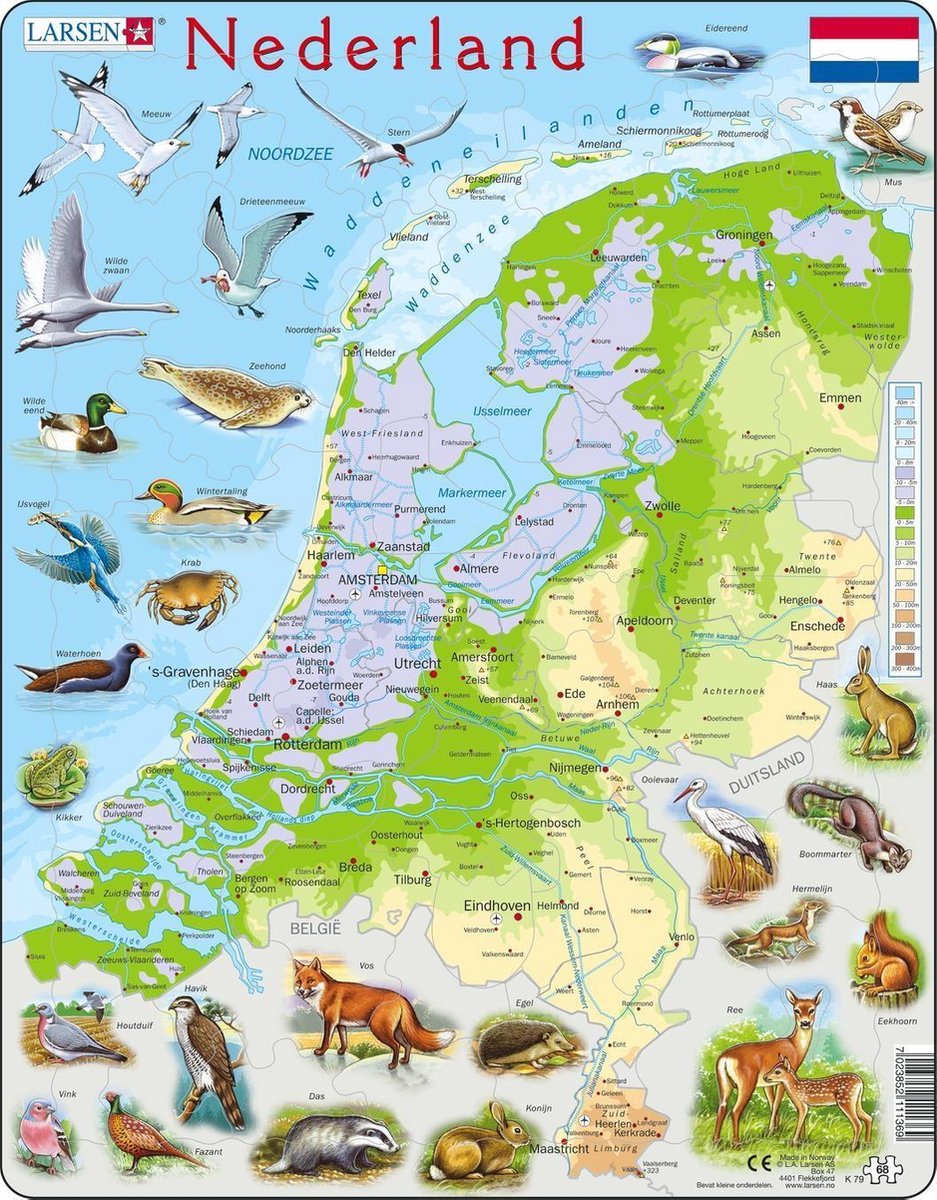 Selecta Larsen Pluzzle Carte Nederland - Géographique avec des animaux, 68e.