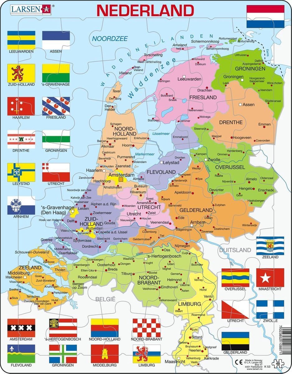Selecta Larsen Pluzzle Carte Nederland avec les provinces et les drapeaux, 48e.