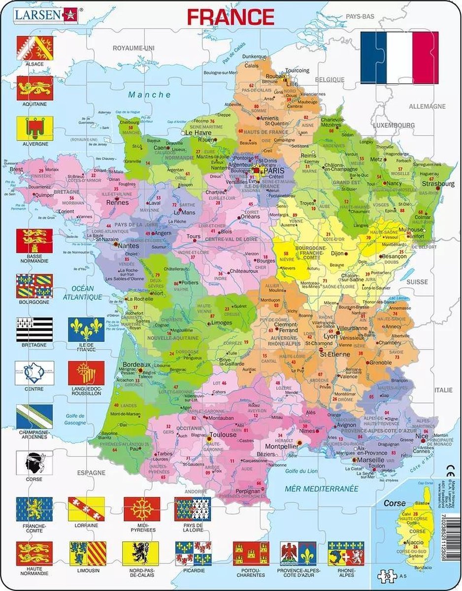 Larsen france carte politique – puzzle – france – régions et départements – puzzle éducatif pour enfants – 70 pièces – fabriqué en norvège – pièces extra épaisses de 2.5 mm – plateau avec bord fixe