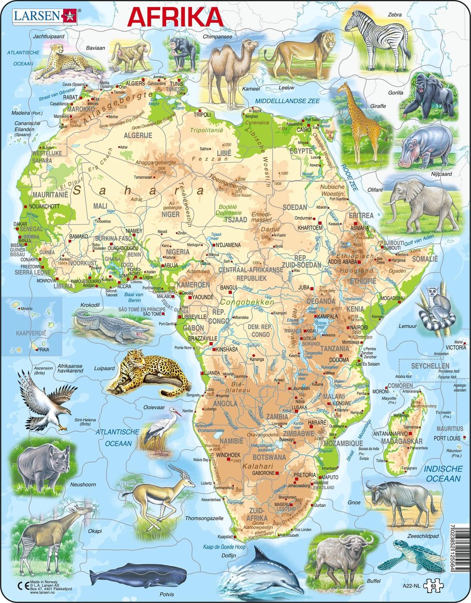 Larsen Afrique géographique avec animaux – puzzle – cartes géographie – afrique – puzzle éducatif pour enfants – 63 pièces – fabriqué en Norvège – pièces extra épaisses de 2,5 mm – plateau avec bord fixe