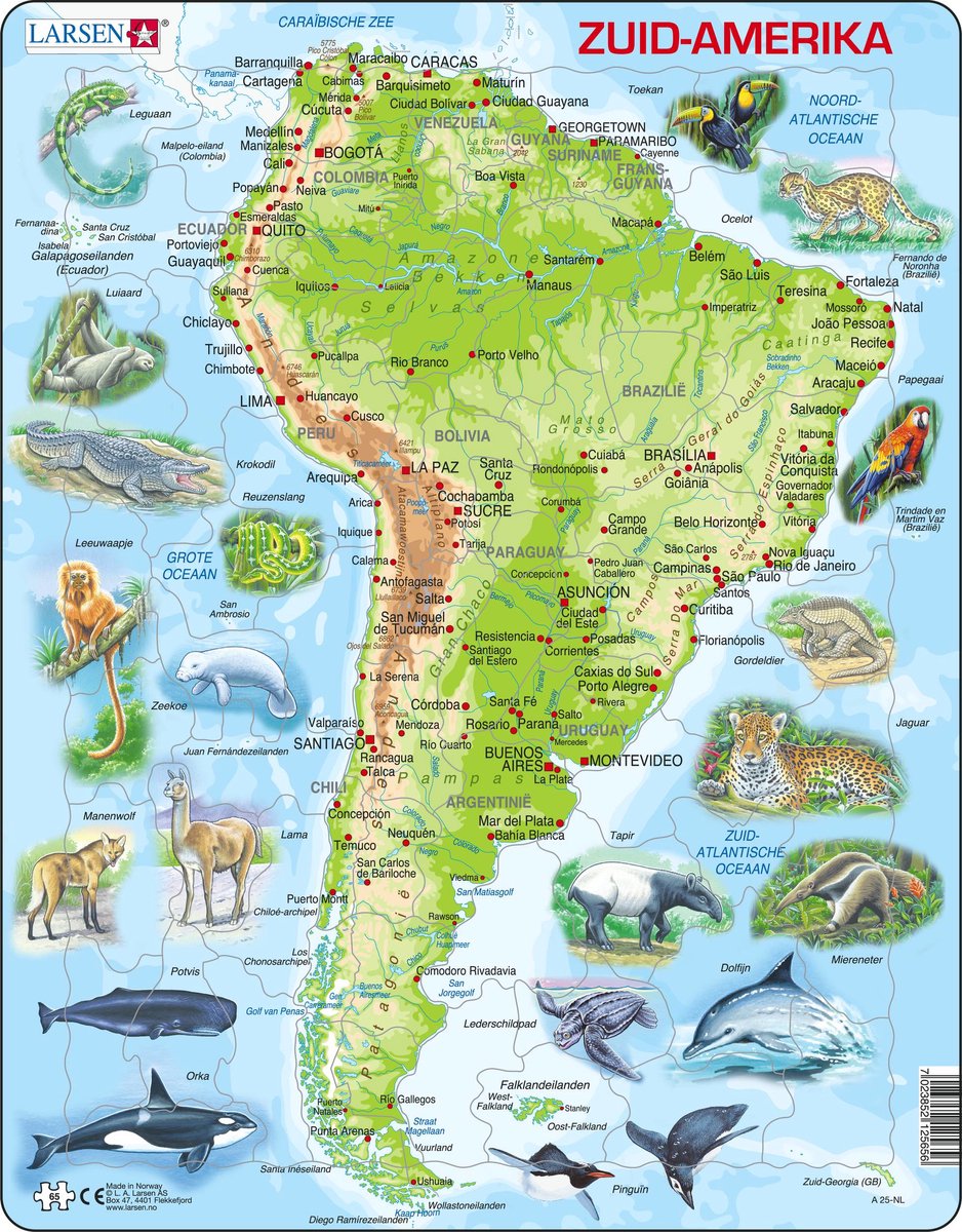 Selecta Larsen Pluzzle Map South, Amérique géographique avec les animaux, 65e.