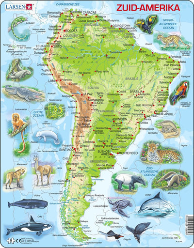 Selecta Larsen Pluzzle Map South, Amérique géographique avec les animaux, 65e.