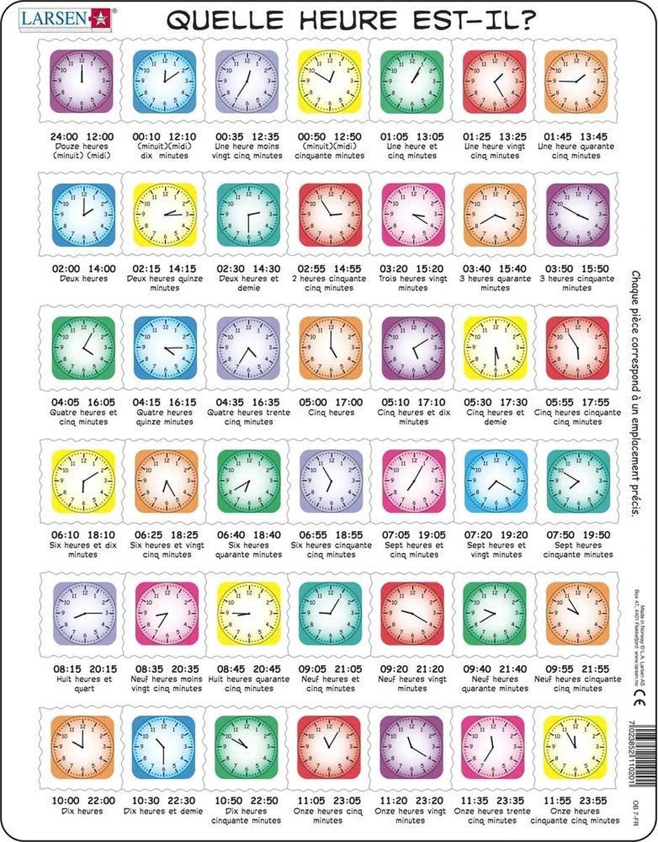 Larsen apprendre l'heure – puzzle – montre – lecture de l'heure – puzzle éducatif pour enfants – 42 pièces – fabriqué en norvège – pièces extra épaisses de 2.5 mm – plateau avec bord fixe