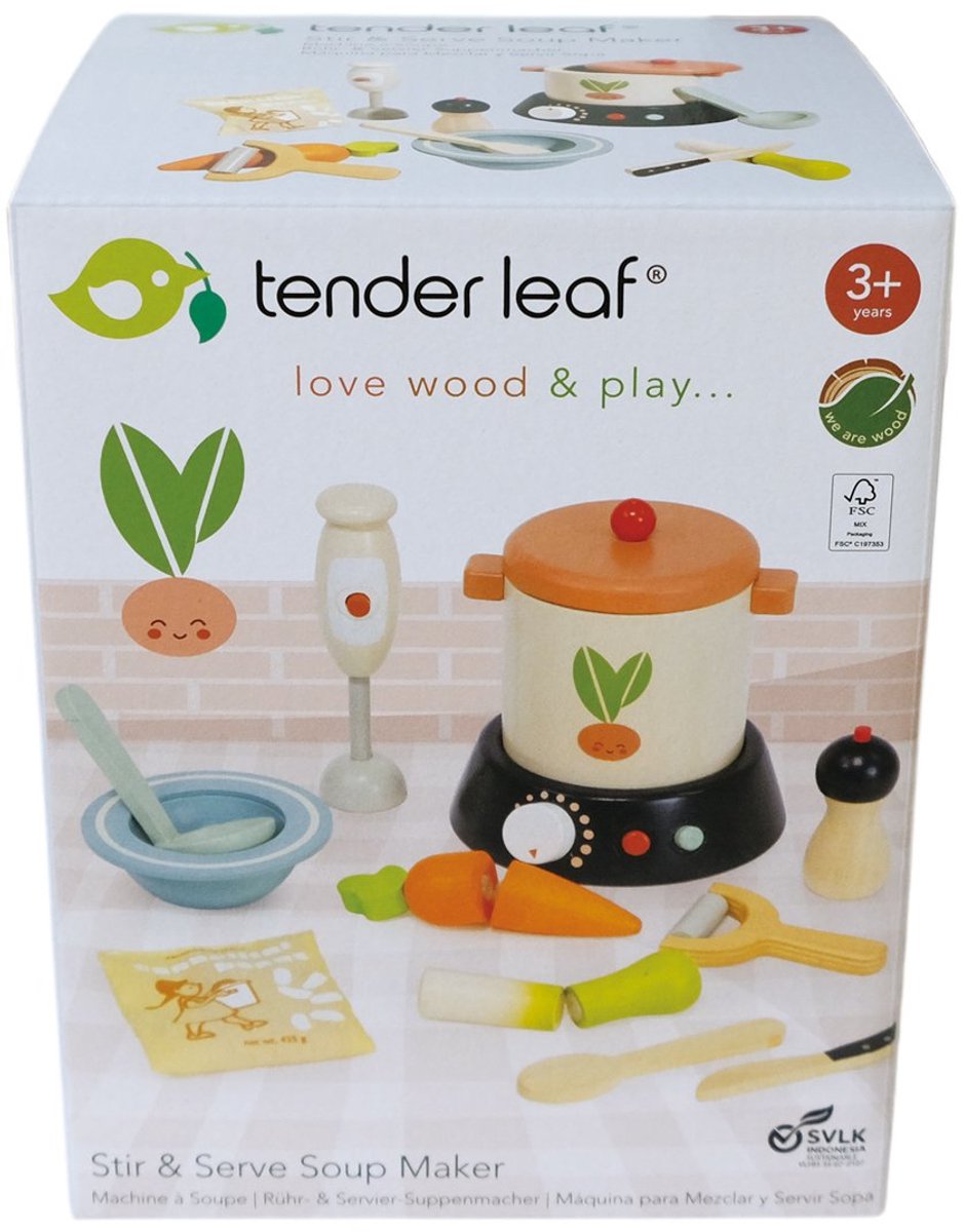 Machine à soupe en bois à feuilles tendres avec accessoires - jouets de cuisine colorés.