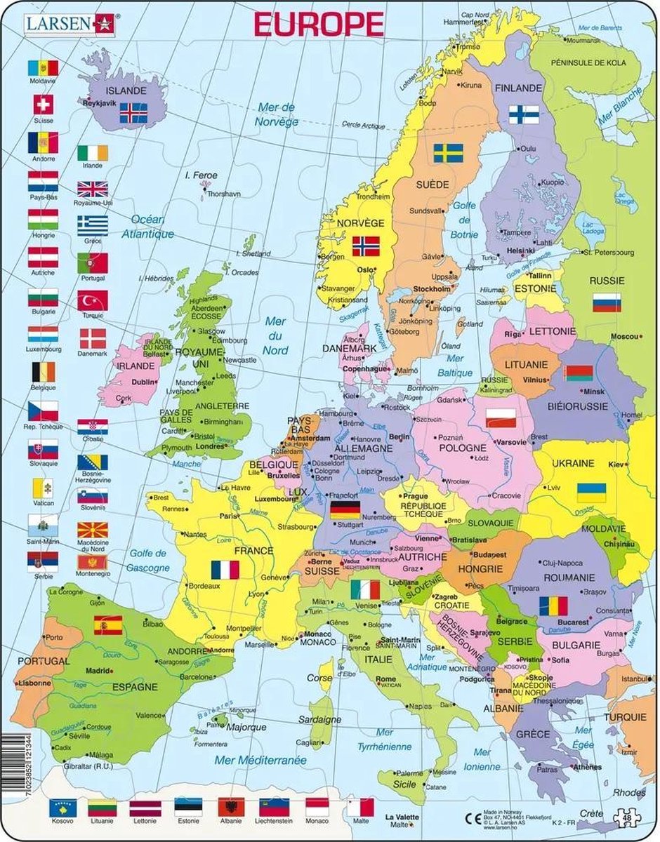 Larsen carte politique de l'europe – puzzle – europe – pays et drapeaux – puzzle éducatif pour enfants – 48 pièces – fabriqué en norvège – pièces extra épaisses de 2.5 mm – plateau avec plaque fixe