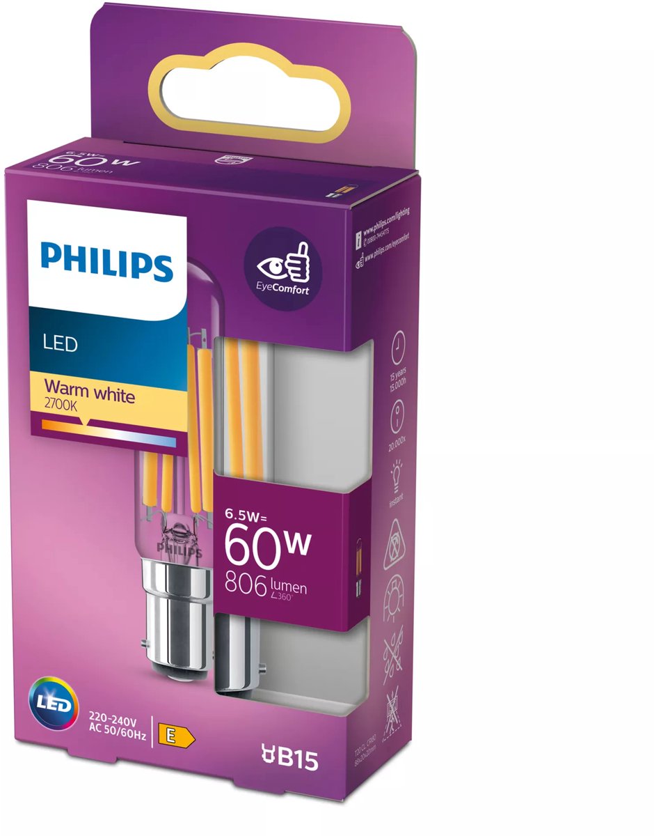 Philips LED Classic 60W T20L B15 WW CL ND éclairage