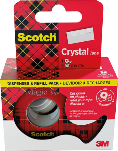 Ruban adhésif Scotch Crystal Tape ft 19 mm x 7 | 5m | distributeur + 3 rouleaux | boîte suspendue