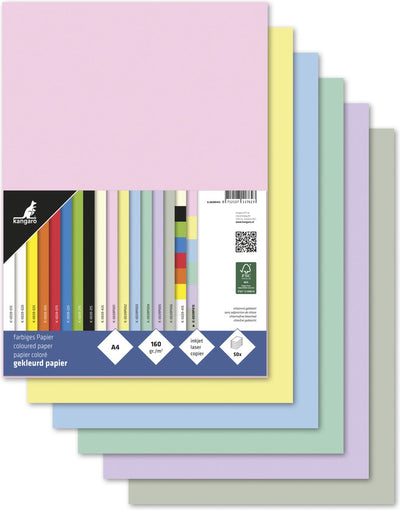 Papier Kangaro - a4 - 160 grammes fsc - pastel assortis - paquet 50 feuilles - k-0039p415