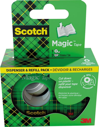 Ruban adhésif Scotch Magic Tape ft 19 mm x 7 | 5m | distributeur + 3 rouleaux | boîte suspendue