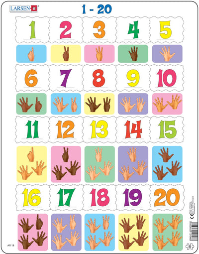 Larsen Chiffres 1–20 – Puzzle – Apprendre à compter – Chiffres – Puzzle éducatif pour enfants – 20 pièces – Fabriqué en Norvège – Pièces extra épaisses de 2,5 mm – Plateau avec bord fixe
