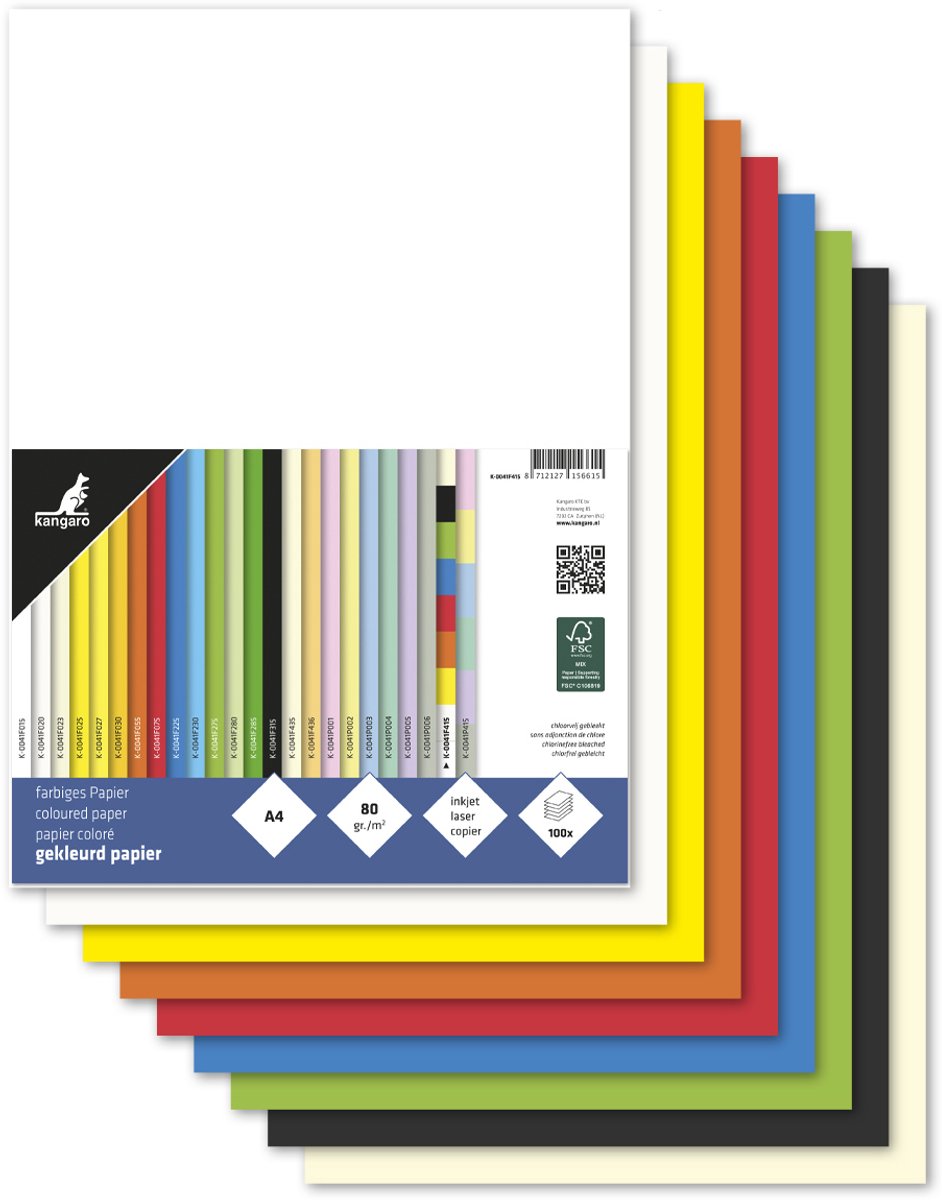 Papier Kangaro - format a4 - 80 grammes - pack assorti 100 feuilles - k-0041f415