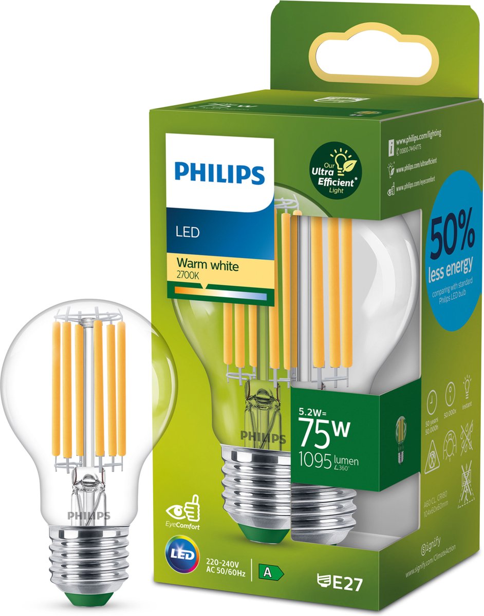 Philips LED Lampe LED ultra-efficace Philips - transparente - 75w - culot E27 - lumière blanc chaud : 2700k - économisez sur les coûts énergétiques