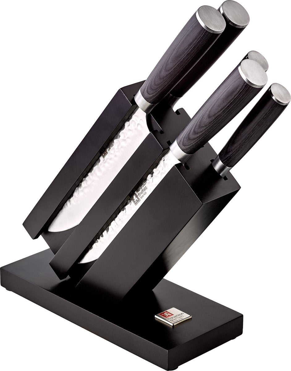 Richardson Sheffield - uta - ensemble de couteaux 5 pièces - avec bloc à couteaux design - couteaux martelés - bois pakka