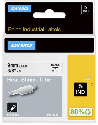 Étiquettes de tubes thermorétractables industriels Dymo rhino | 9 mm x 1,5 m | impression noire sur blanc | pour imprimantes d'étiquettes rhino