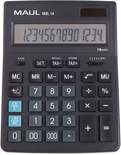 Maul calculatrice de bureau mxl 14 écran LCD 1 ligne, 14 chiffres batterie solaire 20,5 x 15,5 x 3,5 cm noir
