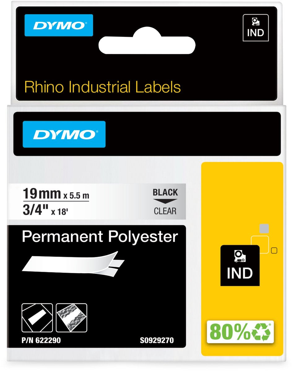 Étiquettes industrielles Dymo rhino | polyester permanent | 19 mm x 3,5 m | impression noire sur transparent | étiquettes autocollantes pour imprimantes d'étiquettes Rhino Label Manager
