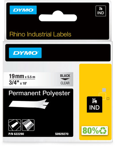 Étiquettes industrielles Dymo rhino | polyester permanent | 19 mm x 3,5 m | impression noire sur transparent | étiquettes autocollantes pour imprimantes d'étiquettes Rhino Label Manager