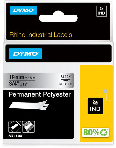 Étiquettes industrielles Dymo rhino | polyester permanent | 19 mm x 3,5 m | impression noire sur métallisé | étiquettes autocollantes pour imprimantes d'étiquettes Rhino Label Manager