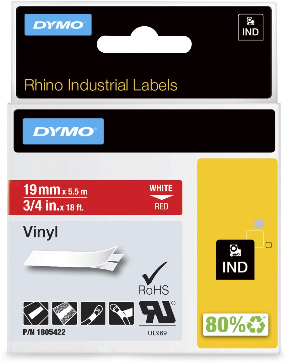 Étiquettes en vinyle industriel Dymo rhino | 19 mm x 5,5 m | impression blanche sur rouge | étiquettes autocollantes pour imprimantes d'étiquettes Rhino Label Manager