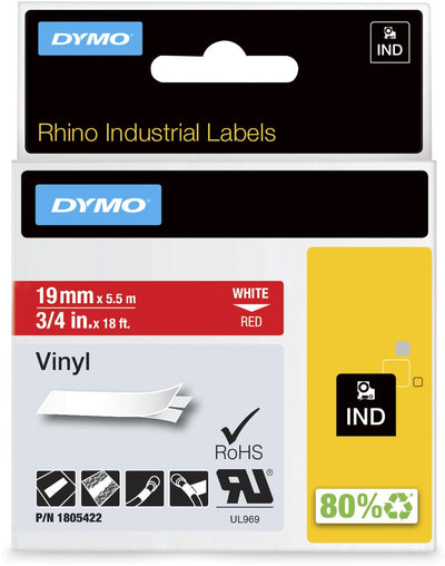 Étiquettes en vinyle industriel Dymo rhino | 19 mm x 5,5 m | impression blanche sur rouge | étiquettes autocollantes pour imprimantes d'étiquettes Rhino Label Manager