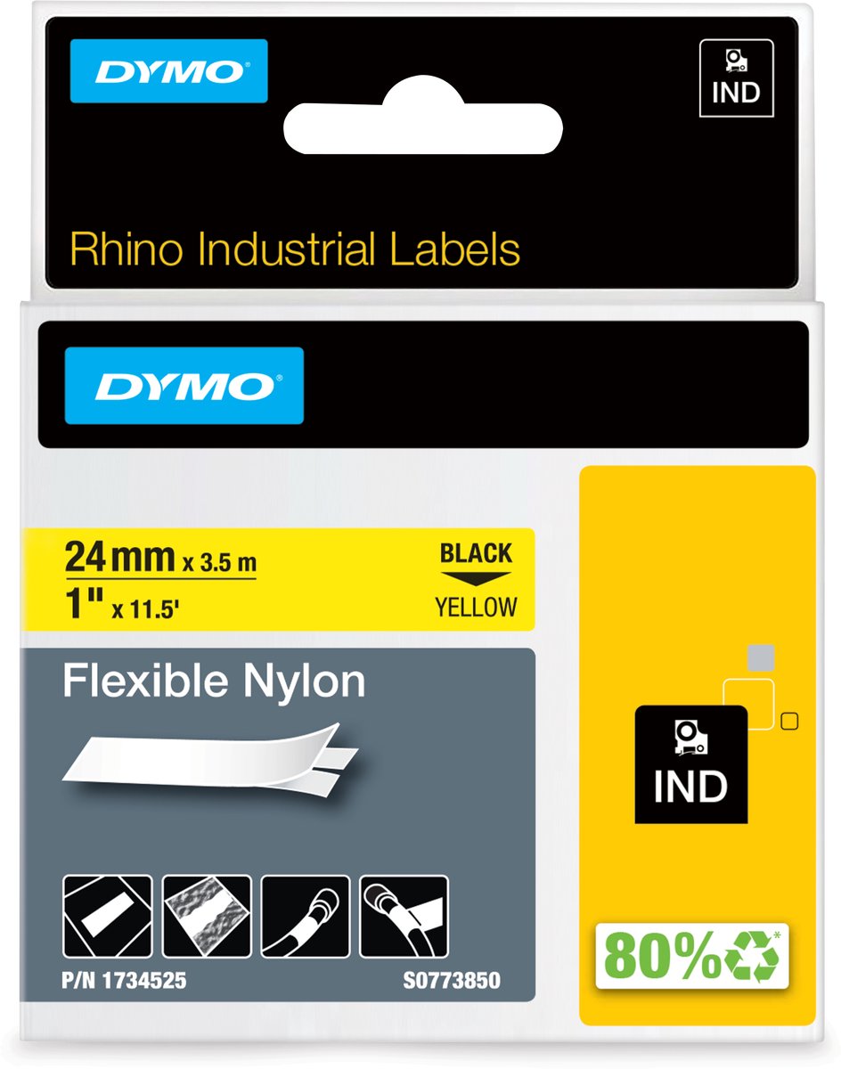 Étiquettes en nylon flexibles industrielles Dymo rhino | 24 mm x 3,5 m | impression noire sur jaune | étiquettes autocollantes pour imprimantes d'étiquettes Rhino Label Manager