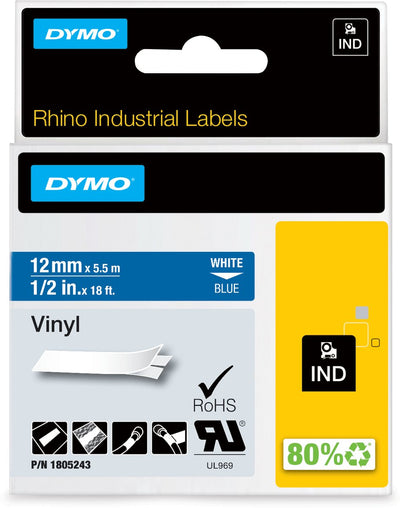 Étiquettes en vinyle industriel Dymo rhino | 12 mm x 5,5 m | impression blanche sur bleu | étiquettes autocollantes pour imprimantes d'étiquettes Rhino Label Manager