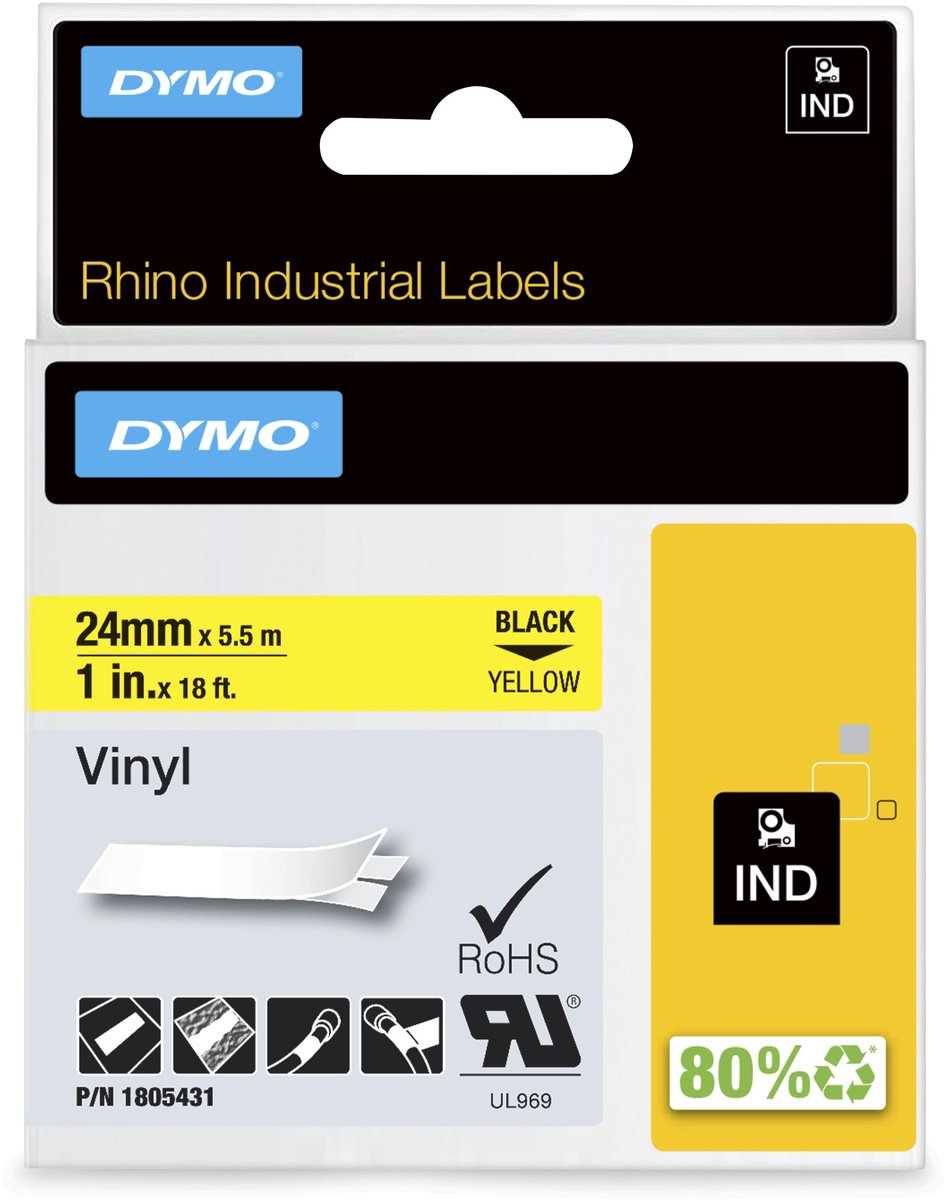 Étiquettes en vinyle industriel Dymo rhino | 24 mm x 5,5 m | impression noire sur jaune | étiquettes autocollantes pour imprimantes d'étiquettes Rhino Label Manager