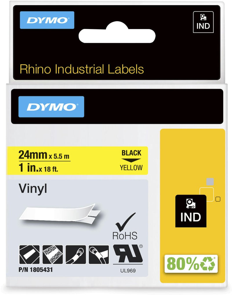 Étiquettes en vinyle industriel Dymo rhino | 24 mm x 5,5 m | impression noire sur jaune | étiquettes autocollantes pour imprimantes d'étiquettes Rhino Label Manager