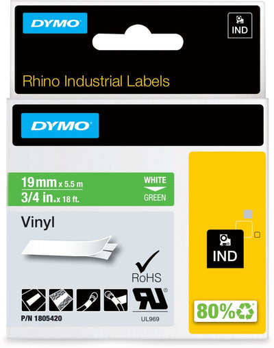 Étiquettes en vinyle industriel Dymo rhino | 19 mm x 5,5 m | impression blanche sur vert | étiquettes autocollantes pour imprimantes d'étiquettes Rhino Label Manager