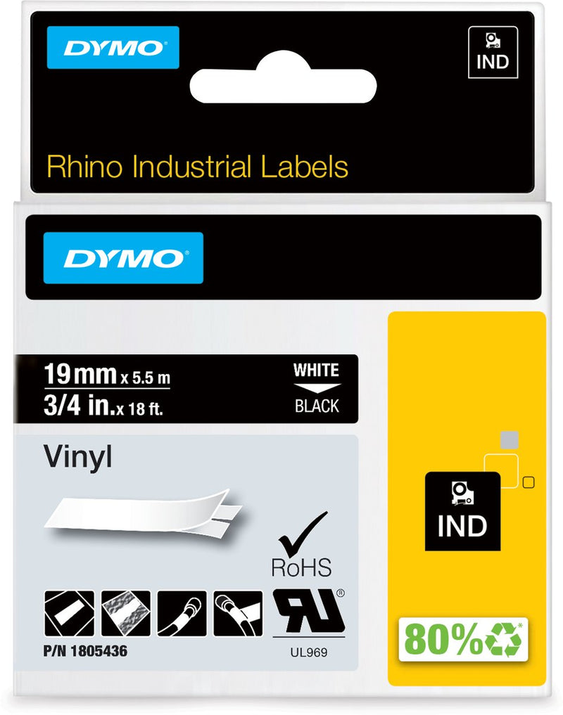 Étiquettes en vinyle industriel Dymo rhino | 19 mm x 5,5 m | impression blanche sur noir | étiquettes autocollantes pour imprimantes d'étiquettes Rhino Label Manager