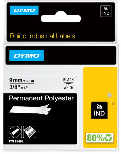 Étiquettes industrielles Dymo rhino | polyester permanent | 9 mm x 3,5 m | impression noire sur blanc | étiquettes autocollantes pour imprimantes d'étiquettes Rhino Label Manager