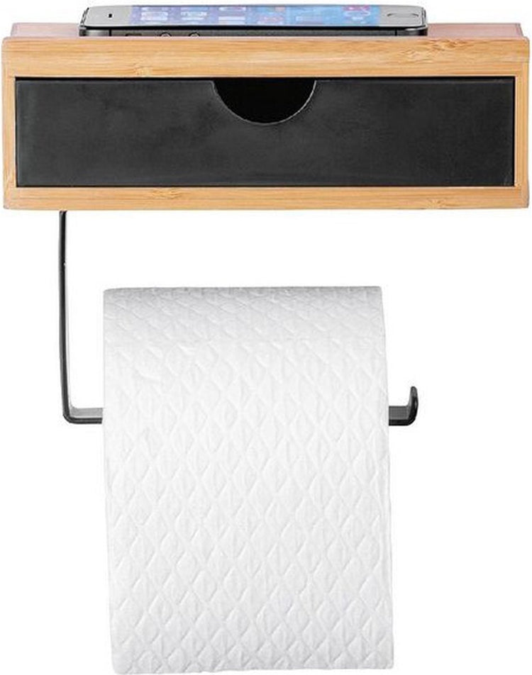 Wenco wenko porte-papier toilette en bambou avec étagère pratique en bambou de haute qualité, tiroir pour chiffons humides, support pour montage mural, incl. matériel de montage, 18,5 x 14 x 10,5 cm, noir naturel