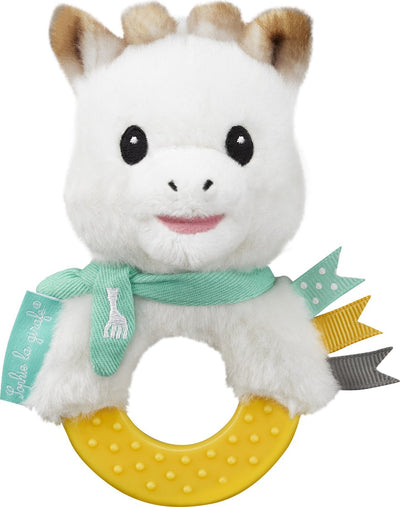 Hochet de dentition Sophie la girafe - anneau de dentition hochet 2 en 1 - jouet bébé - cadeau maternité - cadeau baby shower - à partir de 3 mois - 13x7x6 cm - peluche caoutchouc - jaune blanc turquoise