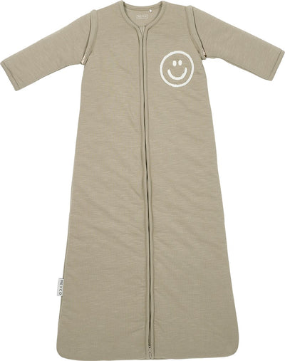 Meyco gigoteuse bébé flammé avec application sourire avec manches zippées - taupe blanc cassé - 90 cm - 2,5 tog