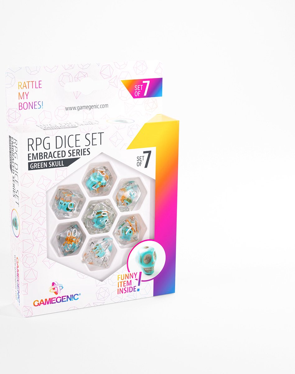 Jeu de RPG de dés Gamegenic embrassé crâne vert (7pcs) - accessoires