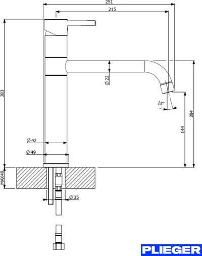 Plieger robinet de cuisine napoli mitigeur en saillie démarrage à froid rond inox 1 poignée bec orientable