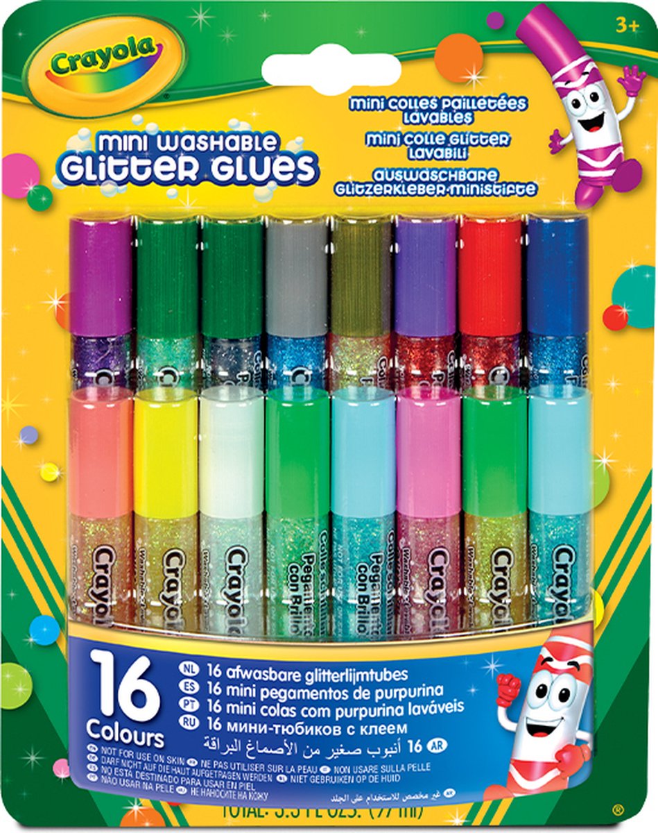 Crayola - colle hobby - 16 tubes de colle pailletée - lavable sur la peau et les vêtements