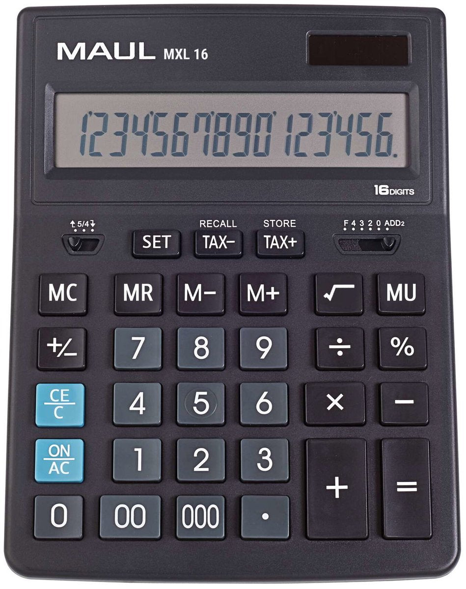 Maul calculatrice de bureau mxl 16 écran LCD 1 ligne, 16 chiffres batterie solaire 20,5 x 15,5 x 3,5 cm noir