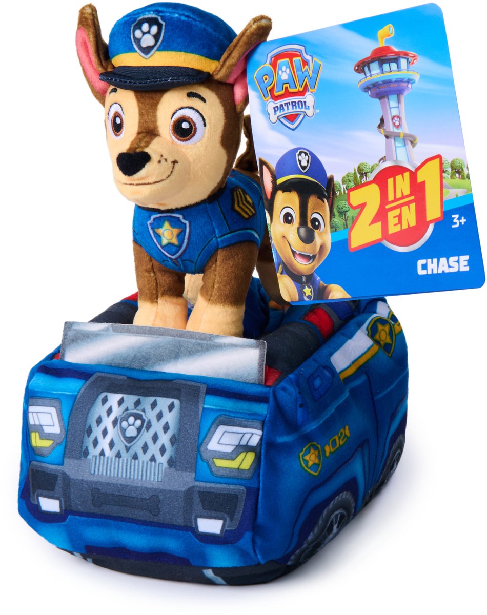 Paw Patrol - Véhicule en peluche Chase 2 en 1 - Peluche de 15,2 cm avec voiture de police en peluche de 20,3 cm - Peluches