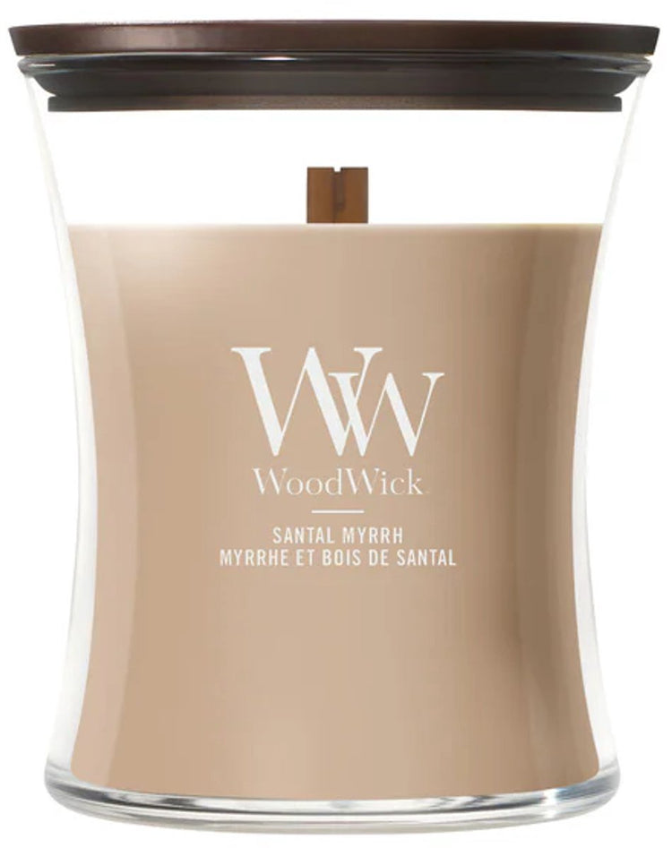 Bougie parfumée moyenne Woodwick Hourglass - Myrrhe de Santal - 60 heures de combustion