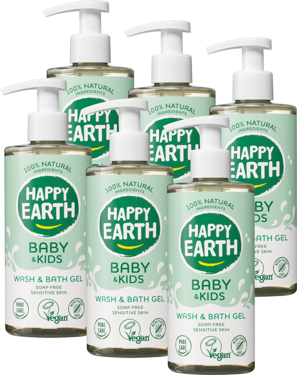 Gel de bain lavant Happy Earth Bundle pour bébé et enfant - 100 % naturel - sans microplastique - 0 % sls sles - soins pour bébé - sans savon - convient aux nouveau-nés - 6 x 300 ml - pack économique