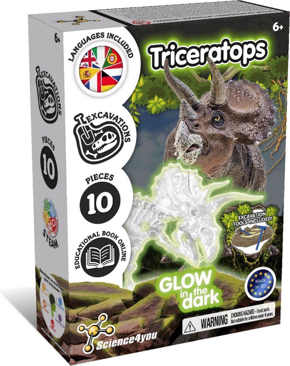 Science 4 you science4you brille dans le noir tricératops – kit de fouille de fossiles – boîte d'expérimentation de fossiles de dinosaures – à partir de 6 ans