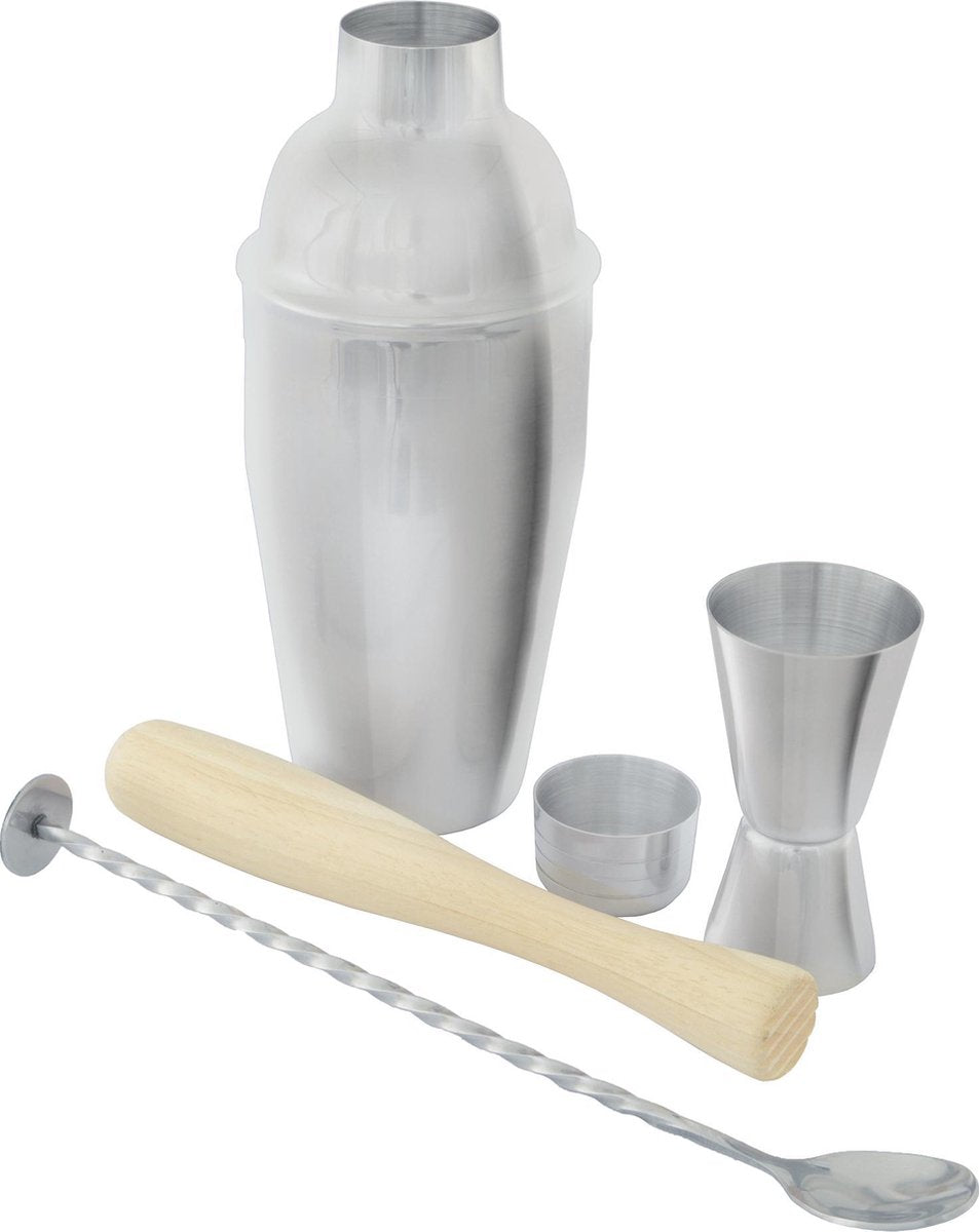Service à cocktail Point-virgule - 4 pièces - avec cuillère de bar, doseur, pilon, shaker cordonnier