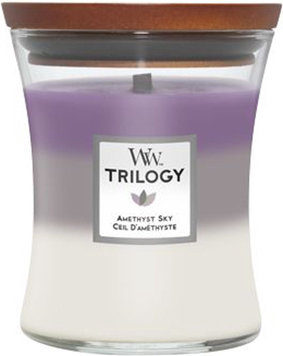 Bougie parfumée moyenne Woodwick Hourglass Trilogy - Ciel améthyste - 60 heures de combustion