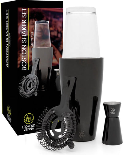 Léopold Vienne - service à cocktail boston acier inoxydable noir (shaker, pipette, passoire) coffret cadeau fête des mères